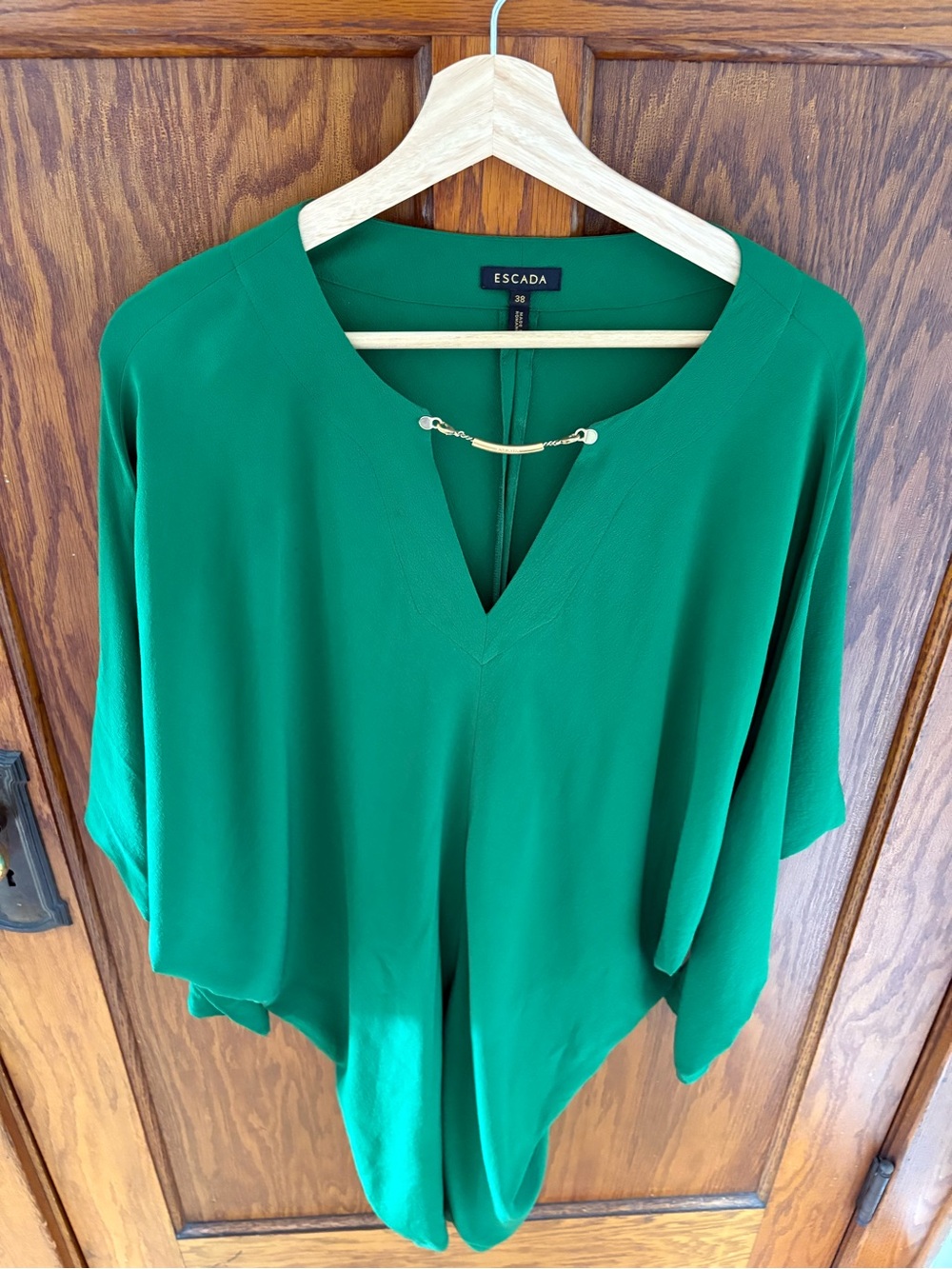 Escada Emerald Green V-Neck Blouse Dress VGUC Sz 38 100% Silk